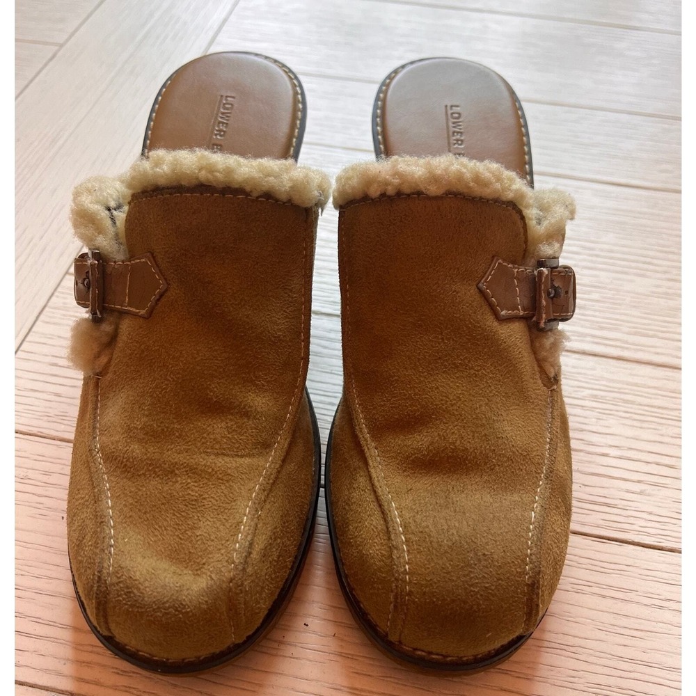 Lower East Side 70s inspired fur lined tan suede clogs w/ buckle. 3.5"heel. 8.5